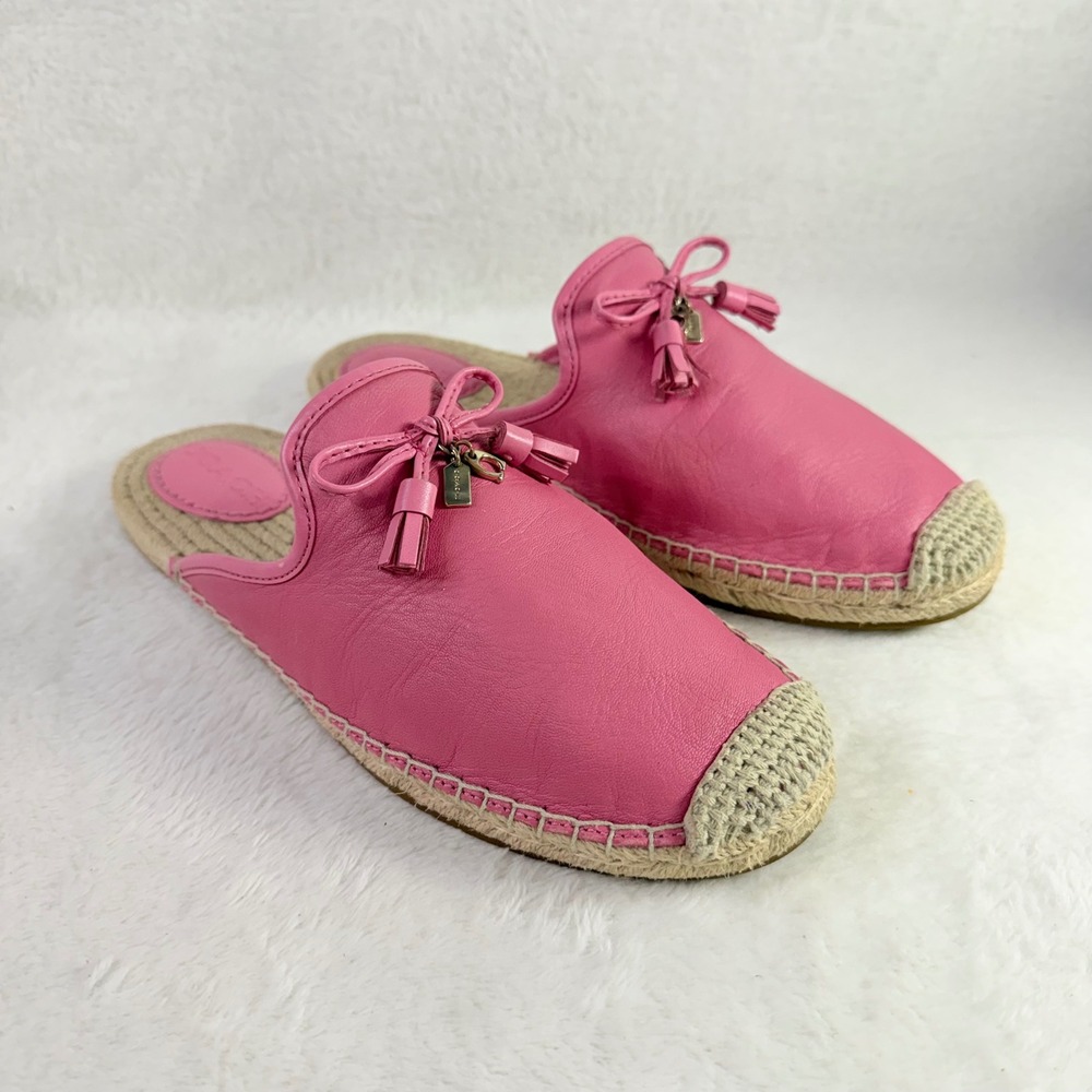 Coach Espadrille Mules Womens 9.5 Pink Leather Tassel Bow Slip On Flats